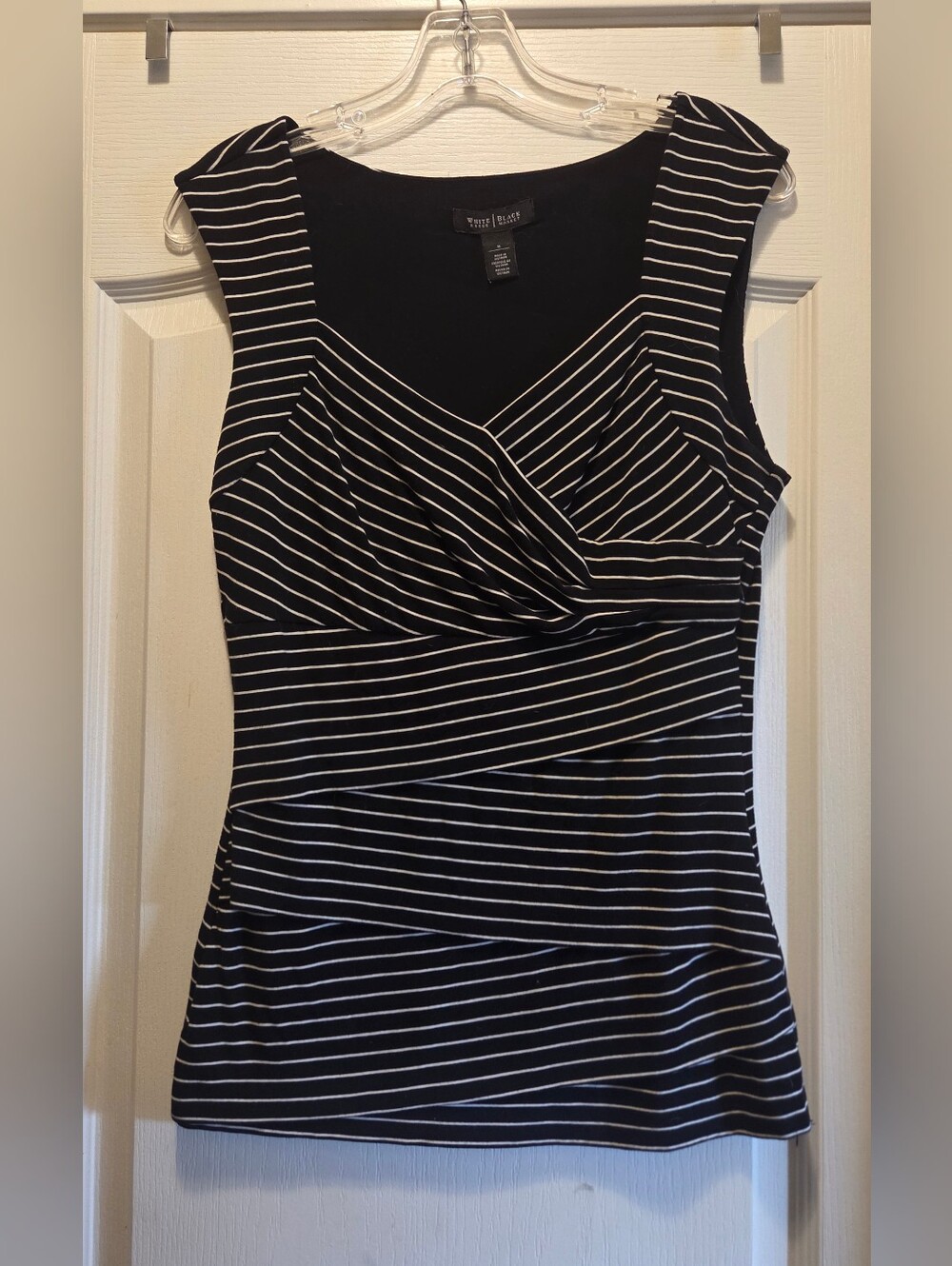 White House Black Market Black and White Striped Sleeveless Wrap-Front Tank
